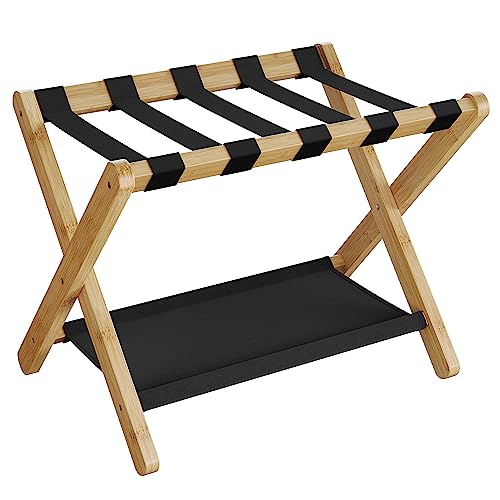 SONGMICS Bamboo Luggage Rack, Folding Suitcase Stand, with Storage Shelf - color: Natural Beige, size: 1 Pack