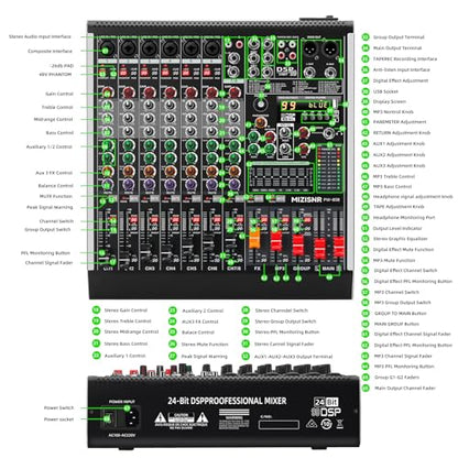 8 Channel Audio Mixer Professional Sound Mixing Board with 99 DSP Effects, 7-band EQ Digital DJ Mixer Console w/USB Bluetooth MP3 for Recording, Independent 48V Power & Mute Button - size: 8 Channel - 13.8inch