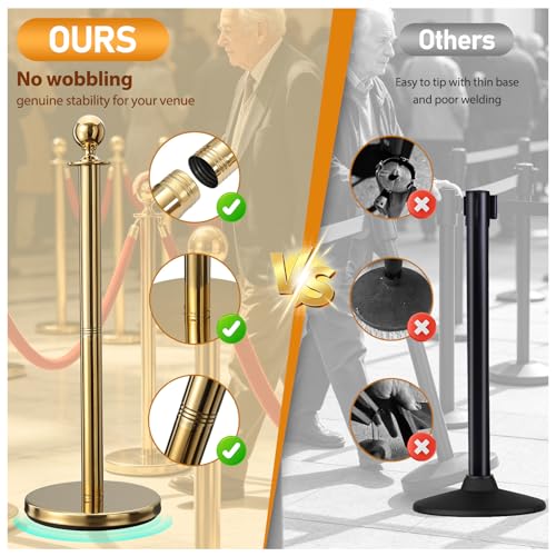 BeBecome Stanchions and Velvet Ropes, Gold Stanchions with 5 ft Red Velvet Rope, 2 Pack Crowd Control Barriers, Fillable Bases, Red Carpet Poles for Weddings