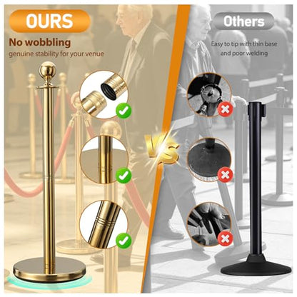 BeBecome Stanchions and Velvet Ropes, Gold Stanchions with 5 ft Red Velvet Rope, 2 Pack Crowd Control Barriers, Fillable Bases, Red Carpet Poles for Weddings
