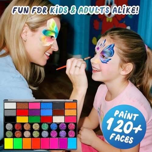 42 Color Face Painting Kit for Party – Non-Toxic Water-Activated Face & Body Paint Palette with Stencils, Brushes & Gems, Long-Lasting, Easy Wash, Ideal for Carnival, Halloween, Cosplay & Festivals