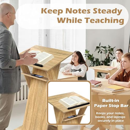 Wooden Podium Stand with Lockable Wheels, Mobile Lectern Pulpit with Storage Shelf for Church, Classroom, Office, and Conference Room - color: Natural Oak