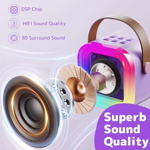 Karaoke Machine for Kids Adults, Mini Karaoke Machine with 2 Wireless Microphones, Portable Bluetooth Speaker with Voice Changing Effects & LED Lights, Best Gifts Toys for Girls and Boys - color: Purple