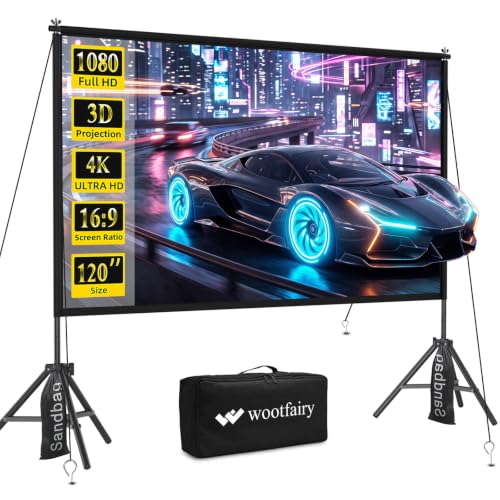 Wootfairy 120inch Projector Screen with Stand Portable Indoor Outdoor Use | Foldable Anti-Crease 16:9 4K HD Front Rear Washable Projection Movie Screen with Carry Bag for Home Theater Backyard Camping - size: 120 inch-25mm
