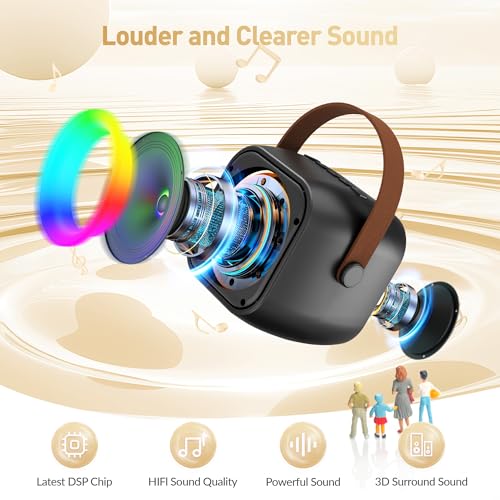 Mini Karaoke Machine for Kids Adults：Portable Bluetooth Karaoke Speaker with 2 Wireless Microphones and Lights for Home Party, Christmas Birthday Gifts for 4-12+ Years Old Girls Boys（Dark） | 360° Surround Sound,5 Voice Effects,Bluetooth 5.0,LED Lights, TF