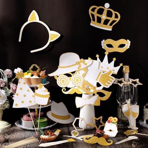 Zonon 24 Pcs Photo Booth Props Set Black Gold Birthday,White and Gold | Props on Sticks for Wedding, Reunion, Prom, Includes Mustache, Hats, Glasses, Ties, Lips, Crowns, Fun Party Accessories - color: White and Gold