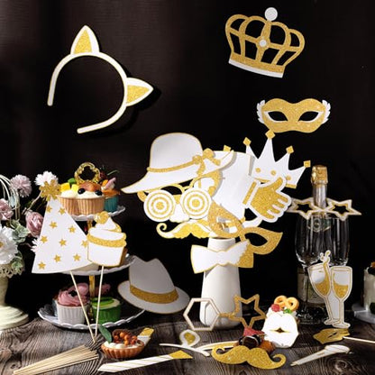 Zonon 24 Pcs Photo Booth Props Set Black Gold Birthday,White and Gold | Props on Sticks for Wedding, Reunion, Prom, Includes Mustache, Hats, Glasses, Ties, Lips, Crowns, Fun Party Accessories - color: White and Gold