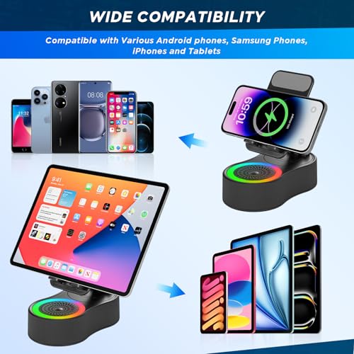 Cell Phone Stand with Bluetooth Speaker - Wireless Bluetooth Speaker with 360° Rotatable Phone Holder, Multifunctional Adjustable Stand with Charging Compatible with Tablet for Home Desk (Black) - color: Black