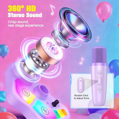 Stand Karaoke Machine for Kids, Singing Toys Gifts for 3 4 5 6 7 8 Year Old Girls Boys, Rechargeable Kid Microphone Bluetooth Speaker with 2 Wireless Mic for Girl Age 4-6 Toddler Birthday Party Toy - color: Purple