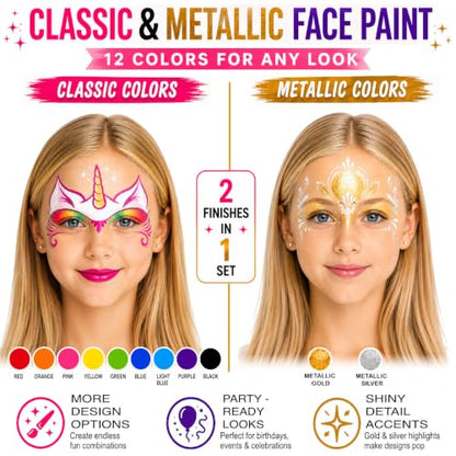 Jim&Gloria Face Paint Kit with Stencils, 12 Large Professional Face Painting Kit for Kids Party Makeup, Facepaint Washable Body Paint for Adults Skin Color Crayons, Girls Christmas Gifts, Crafts Toys