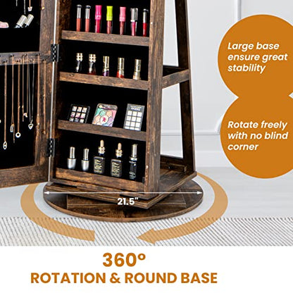 LOKO 360° Swivel Jewelry Cabinet, Lockable Jewelry Organizer (Rustic Brown) - color: Rustic Brown