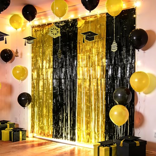 Ishua 2pcs Foil Fringe Curtains Black and Gold, 3.3x6.6ft Tinsel Streamer Backdrops Foil Fringe Curtains for Birthday, Graduation Party (Gold and Black) - color: Gold and Black