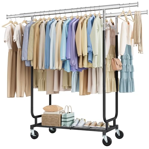 Heavy Duty Rolling Clothes Rack, 620 LBS Load Double Rod Adjustable Garment Rack with Storage Shelf, Portable Clothing Rack for Hanging Clothes for Bedroom, Laundry Living Room, Black, 15.7"W - color: Black