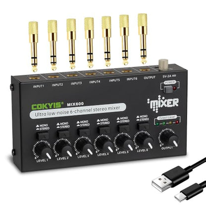 COKYIS Mini Audio Mixer, 6-Channel Stereo Line Mixer for Precision Sub-Mixing, with Ultra Low-Noise Operation, Independent Microphone Control, 1/4" TRS Input/Output-for Guitars, Bass, Stage Mixer