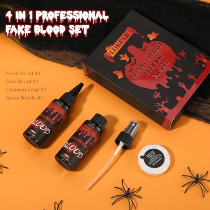 4 IN 1 Fake Blood Kit，Fake Blood 1.69oz X2 + Spray Head+Dripping Head+Cleaning Soap【Washable】【Realistic Effect】【Skin Friendly】Professional Fake Blood Makeup Kit For Halloween/Cosplay，Fresh + Dark - color: Fresh+Dark