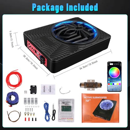 10'' 1200W Slim Under Seat Powered Car Subwoofer with Color LED Ambient Light, All-in-One Subwoofer and Amplifier Package for Car Truck SUV Audio - color: 10" 1200W Colorful Spider