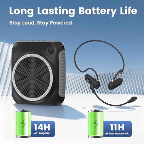 Wireless Voice Amplifier with Headset Microphone, Mini Portable | Voice Amplifier for Teachers, Classroom, Fitness, Yoga, Tour Guides, Coaches, Speech, Elderly Outdoors-Black