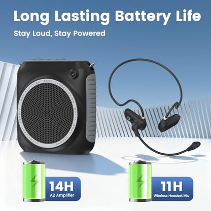 Wireless Voice Amplifier with Headset Microphone, Mini Portable | Voice Amplifier for Teachers, Classroom, Fitness, Yoga, Tour Guides, Coaches, Speech, Elderly Outdoors-Black