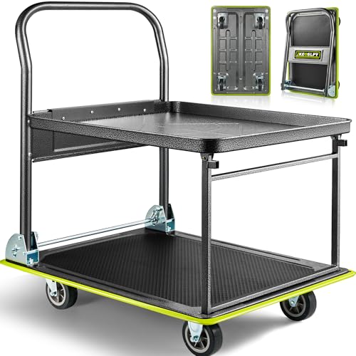 Upgraded Heavy Duty Foldable Push Cart Dolly 700 Lbs Load 2 Tier | High-Strength Steel Folding Platform Truck Cart, Moving Flatbed Cart with Wheels for Warehouse, Garage, Workshop, Office - style: 600LBS+100LBS