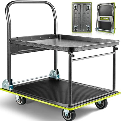 Upgraded Heavy Duty Foldable Push Cart Dolly 700 Lbs Load 2 Tier | High-Strength Steel Folding Platform Truck Cart, Moving Flatbed Cart with Wheels for Warehouse, Garage, Workshop, Office - style: 600LBS+100LBS