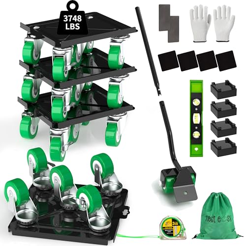 Heavy Duty Furniture Dolly 360 Rotate 5 Wheels 3400 Lbs Capacity 6.9x6.5 in | Upgraded Furniture Movers with Green Wheels, Measure Tape & Leveler, Alloy Steel Furniture Lifter Tool for Home & Office Uses - color: Green, size: 6.9x6.5 IN