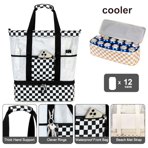 Bluboon Mesh Beach Tote Bag with Cooler Compartment Insulated Detachable Picnic Bag with Zipper and Pocket Pool Bag for Women - color: A-black and White Grid