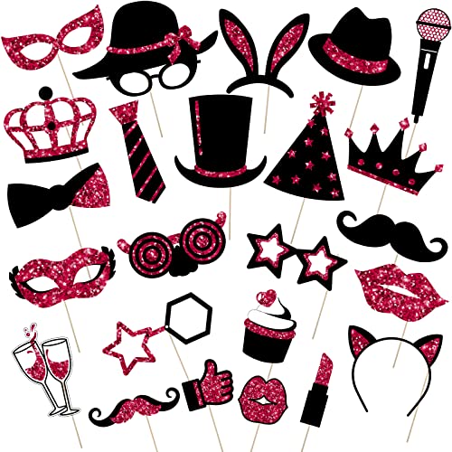 Zonon 24 Pcs Photo Booth Props Set Black Gold Birthday,Burgundy and Black | Props on Sticks for Wedding, Reunion, Prom, Includes Mustache, Hats, Glasses, Ties, Lips, Crowns, Fun Party Accessories - color: Burgundy and Black
