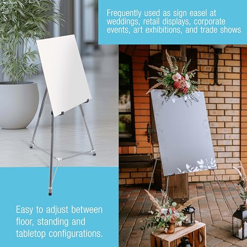 U.S. Art Supply 66" High Gallery Silver Metal Display Easel, Large | Adjustable Height Aluminum Portable Easel Stand, Sign Display, Holds 25 lbs - Floor & Tabletop Easels, Painting Stand