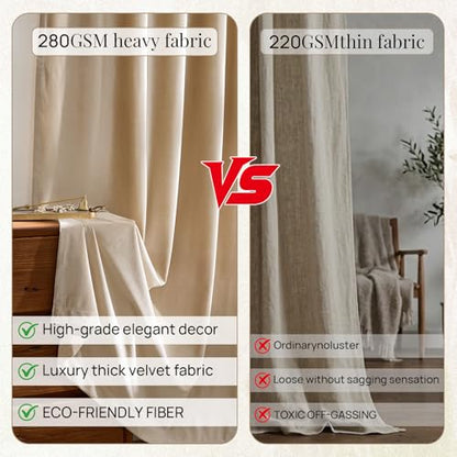 Champagne Beige Velvet Curtains 63 inches for Living Room Luxury Room Darkening Curtain Elegant Bedroom Thermal Insulated Modern Heavy Thick Soft Soundproof Rod Pocket Window Drapes Set of 2 Panels - color: Beige/Champagne, size: 52"W x 63"L (Pack of 2)