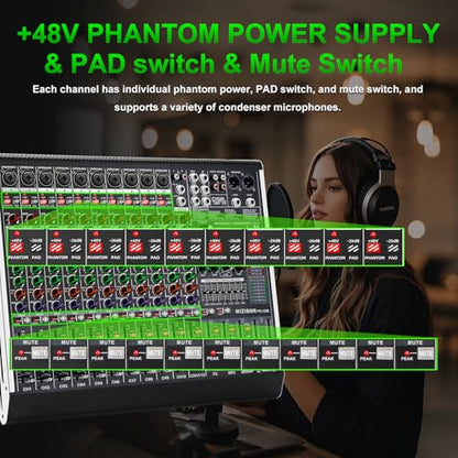 12 Channel Audio Mixer Professional Sound Mixing Board with 99 DSP Effects, 7-band EQ Digital DJ Mixer Console w/USB Bluetooth MP3 for Recording, Independent 48V Power & Mute Button - size: 12 Channel - 17.9inch