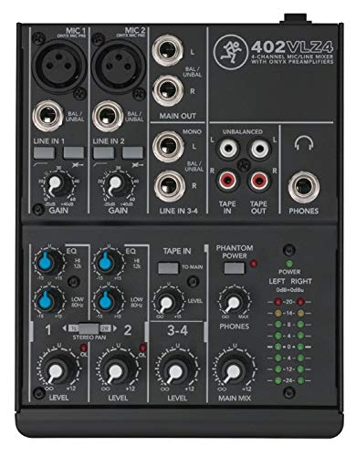 Mackie 402VLZ4, 4-channel Ultra Compact Mixer with High Quality Onyx Preamps | Onyx preamps with 2-band EQ and sealed rotary controls for broadcasting, live events and studio recording - style: 4-Channel