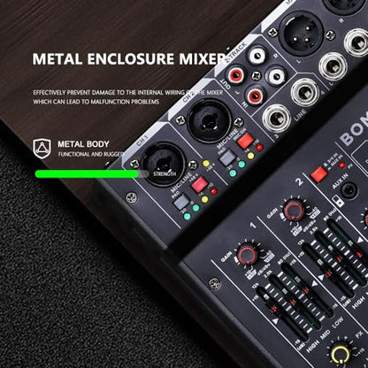 BOMGE 04M Audio Mixer, Sound Board Mixing Console with 4 Channel Digital USB Bluetooth 24 Sound Effect, Input 48V Phantom Power Stereo DJ Mixers for Recording, Live Streaming, Podcasting,Gaming