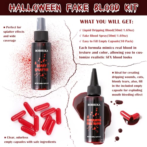 BOBISUKA Halloween Fake Blood Kit, 1.76oz Blood Spray + 1.76oz Dripping Blood + 10 Fillable Empty Capsules, Realistic Washable Fake Blood Makeup for Mouth Clothes Zombie Vampire Monster SFX Cosplay - color: Blood Spray + Dripping Blood + Empty Capsules