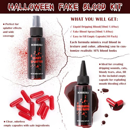 BOBISUKA Halloween Fake Blood Kit, 1.76oz Blood Spray + 1.76oz Dripping Blood + 10 Fillable Empty Capsules, Realistic Washable Fake Blood Makeup for Mouth Clothes Zombie Vampire Monster SFX Cosplay - color: Blood Spray + Dripping Blood + Empty Capsules