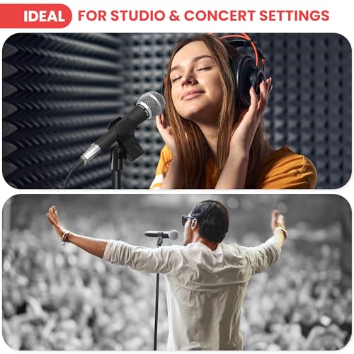 Pyle Adjustable Height Microphone Stand, 36.2" - 63.7” Inches Universal Mic Holder, Compact Design, Sturdy and Lightweight, Ideal for Studio and Concerts, With Mic Clip, Rubber Base (Black)