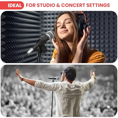 Pyle Adjustable Height Microphone Stand, 36.2" - 63.7” Inches Universal Mic Holder, Compact Design, Sturdy and Lightweight, Ideal for Studio and Concerts, With Mic Clip, Rubber Base (Black)