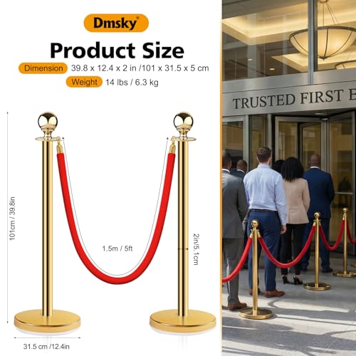 Stainless Steel Stanchion Post Queue 5 ft Red Velvet Rope Red Carpet Ropes and Poles Crowd Control Barriers Sand Injection Hollow Base and Velvet Ropes Set for Party Supplies (4 Pieces, Gold) - color: Gold-4PCS