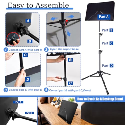 Sheet Music Stand with Light and Phone Holder, 57" Portable Music Stand for Sheet Music High Stability, Height Adjustable Music Stands with Carrying Bag(33-57inch, Plate without hole) - size: 33inch-57inch, Plate