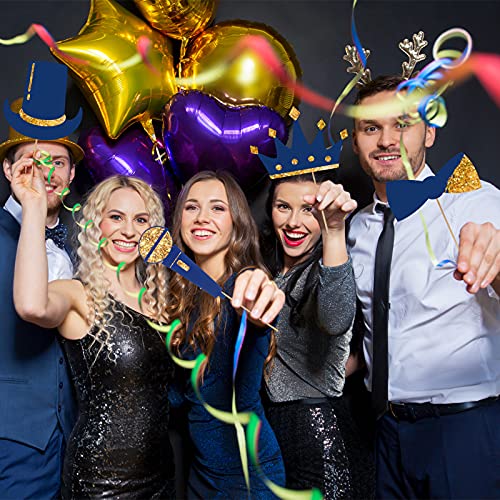 Zonon 24 Pcs Photo Booth Props Set Black Gold Birthday,Gold and Navy Blue | Props on Sticks for Wedding, Reunion, Prom, Includes Mustache, Hats, Glasses, Ties, Lips, Crowns, Fun Party Accessories - color: Gold and Navy Blue