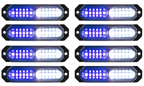ASPL 8pcs Sync Feature Ultra Slim 12-LED Surface Mount Flashing Strobe Lights for Truck Car Vehicle LED Mini Grille Light Head Emergency Beacon Hazard Warning Lights (Blue/White) - color: Blue/White, size: 4.41L x 0.44W x 1.14H Inch