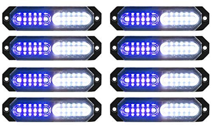 ASPL 8pcs Sync Feature Ultra Slim 12-LED Surface Mount Flashing Strobe Lights for Truck Car Vehicle LED Mini Grille Light Head Emergency Beacon Hazard Warning Lights (Blue/White) - color: Blue/White, size: 4.41L x 0.44W x 1.14H Inch