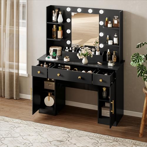 HUANLEGO Vanity Desk with Mirror and Lights, Makeup Vanity with Mirror and LED Lights & Power Outlet, 3 Drawers and Cabinets, 3 Lighting Modes Dressing Table Set for Girls Women Bedroom,Black - size: 43.7x15.7x57.6 in, style: Black