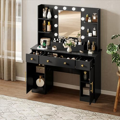 HUANLEGO Vanity Desk with Mirror and Lights, Makeup Vanity with Mirror and LED Lights & Power Outlet, 3 Drawers and Cabinets, 3 Lighting Modes Dressing Table Set for Girls Women Bedroom,Black - size: 43.7x15.7x57.6 in, style: Black