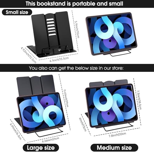MSDADA Small Desk Book Stand Metal Reading Rest Book Holder Adjustable Cookbook Documents Holder Portable Sturdy Bookstands for Recipes Textbooks Tablet Music Books(Black) - color: Black