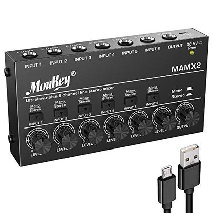 Moukey Audio Mixer, DC 5V, 6 Stereo Ultra, Low Noise 6 Channel Line Mixer for Sub-Mixing, for Small Clubs or Bars, As Guitars, Bass, Keyboards Mixer, MAMX2 - size: Medium (6-channel)
