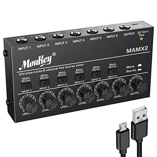 Moukey Audio Mixer, DC 5V, 6 Stereo Ultra, Low Noise 6 Channel Line Mixer for Sub-Mixing, for Small Clubs or Bars, As Guitars, Bass, Keyboards Mixer, MAMX2 - size: Medium (6-channel)