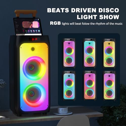 HWWR Karaoke Machine with 2 Wireless Microphones, Big Bluetooth Party Speaker with 500W Peak Power for Adults, PA System with Rolling Wheels and Trolley, Perfect for Outdoor, Home Party, Gatherings - color: BLACK