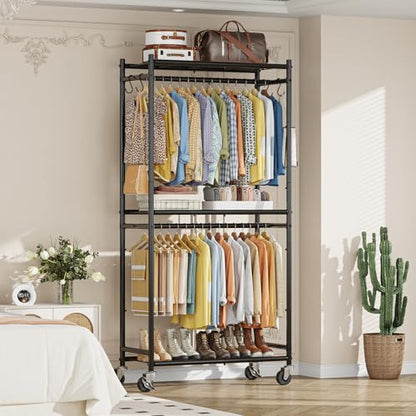 Simple Trending Clothes Rack, Clothing Rack, Portable Closet, Black | Wardrobe Closet with Mesh Shelves & Hooks, Metal Garment Rack, 360° Lockable Wheels, Multi-Functional, for Bedroom, Laundry - size: 12.1"D x 33.1"W x 78"H