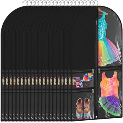 10 Pack Garment Bags for Dance Costumes, 40" Garment Bags for Hanging Clothes with 3 Clear Zipper Pocket, Waterproof Cheer Uniform Garments Bag for Dance Competition, Travel, Closet Storage (Black)