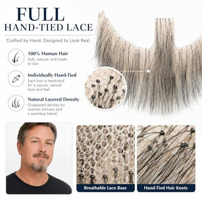 Hand-Tied Human Hair Fake Beard and Mustache for Costumes and Theater | Hand-knotted human hair on lightweight lace creates natural-looking facial hair for costumes, cosplay, theater and film - color: Style 1--03